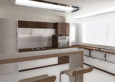 Invecinata cu livingul si diningul, bucataria se prezinta in nuante