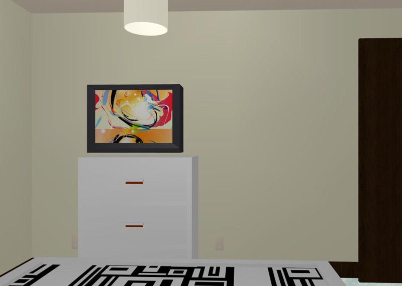 Televizorul a fost amplasat pe o comoda inalta, cu design simplu