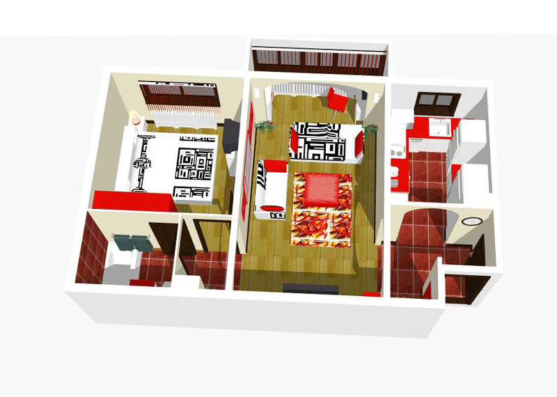 Apartamentul cuprinde urmatoarele incinte:  living, dormitor, bucatarie,
