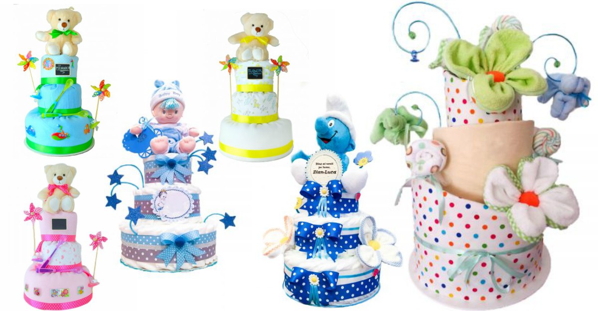 Cadouri luat la nasterea unui copil: tort de pampersi cu scutece pentru bebelusi